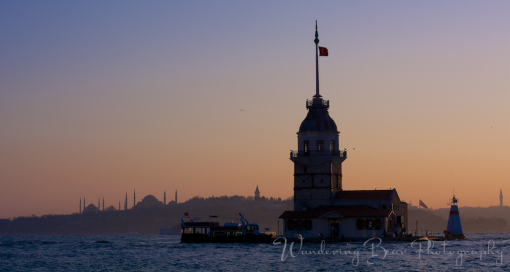 View of Sultanahmet and Maiden’s Tower at sunset from the Asian side of Istanbul.