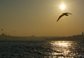 The low angle of the sun creates a golden glow above the Bosphorus.